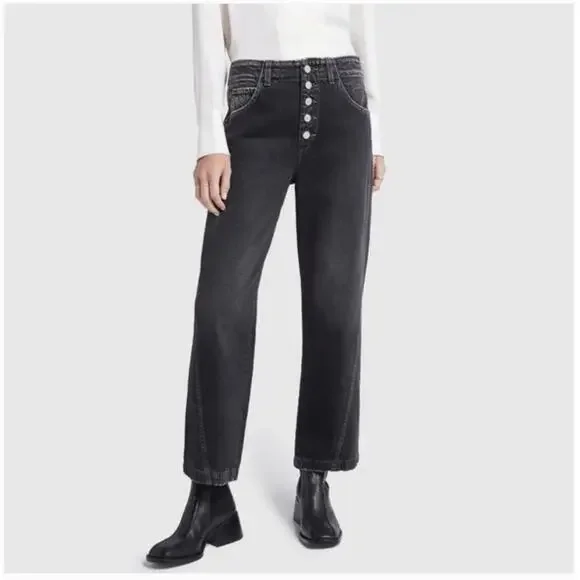 AMO Dock Pant 28 Vintage Black Wide Leg Jeans High Rise Button Fly